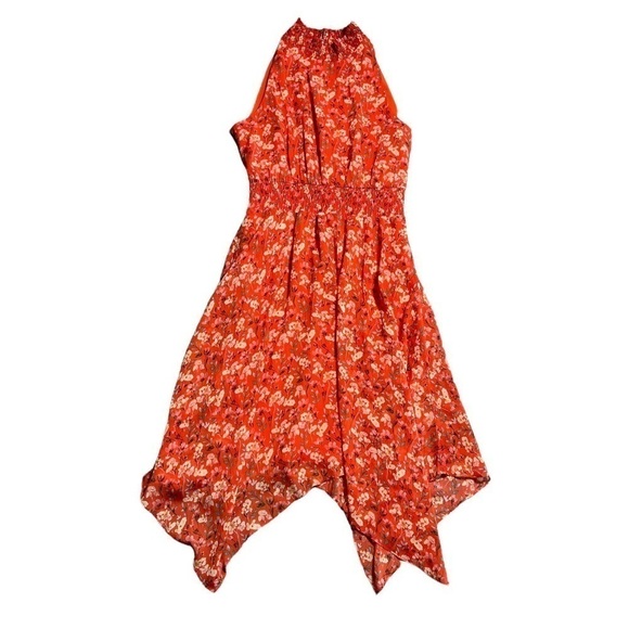 Sam Edelman Orange Floral Print Sleeveless Smocked Handkerchief Midi Dress 12 - Picture 1 of 8